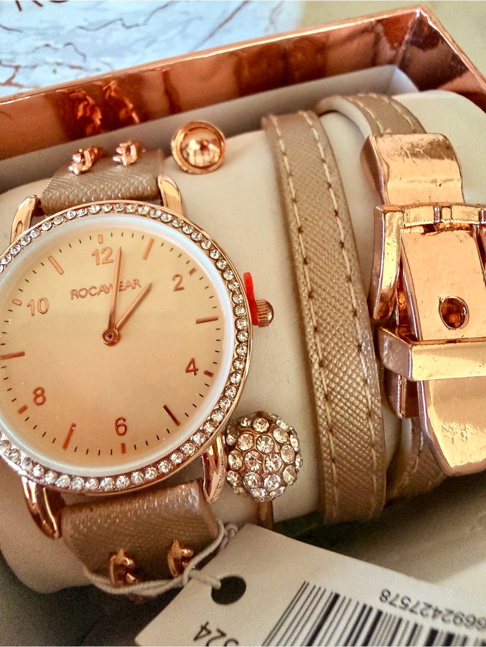 NWT Rocawear Beige Strap Women's Watch with Rose Gold Crystal Bezel